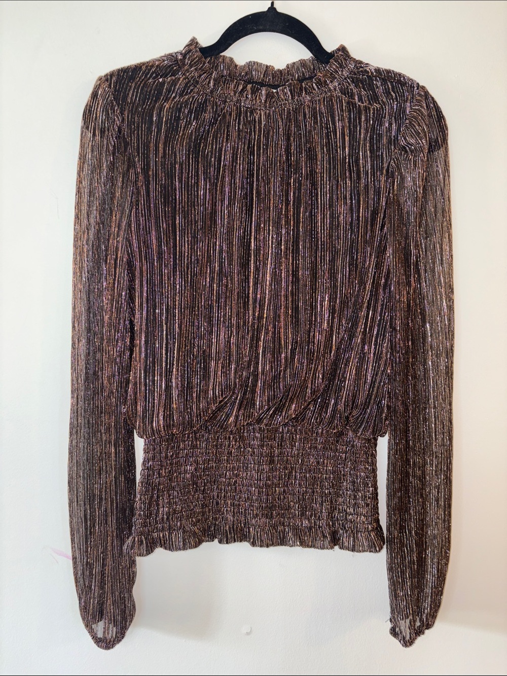 Joie Metallic Pleated Long-Sleeve Top in Brown and Bronze Size M